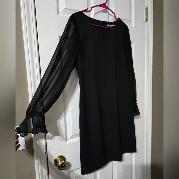 Karl Lagerfield Black Crepe Sheath Mini Dress, Sheer Chiffon Slit Sleeves, EUC! - Picture 3 of 13